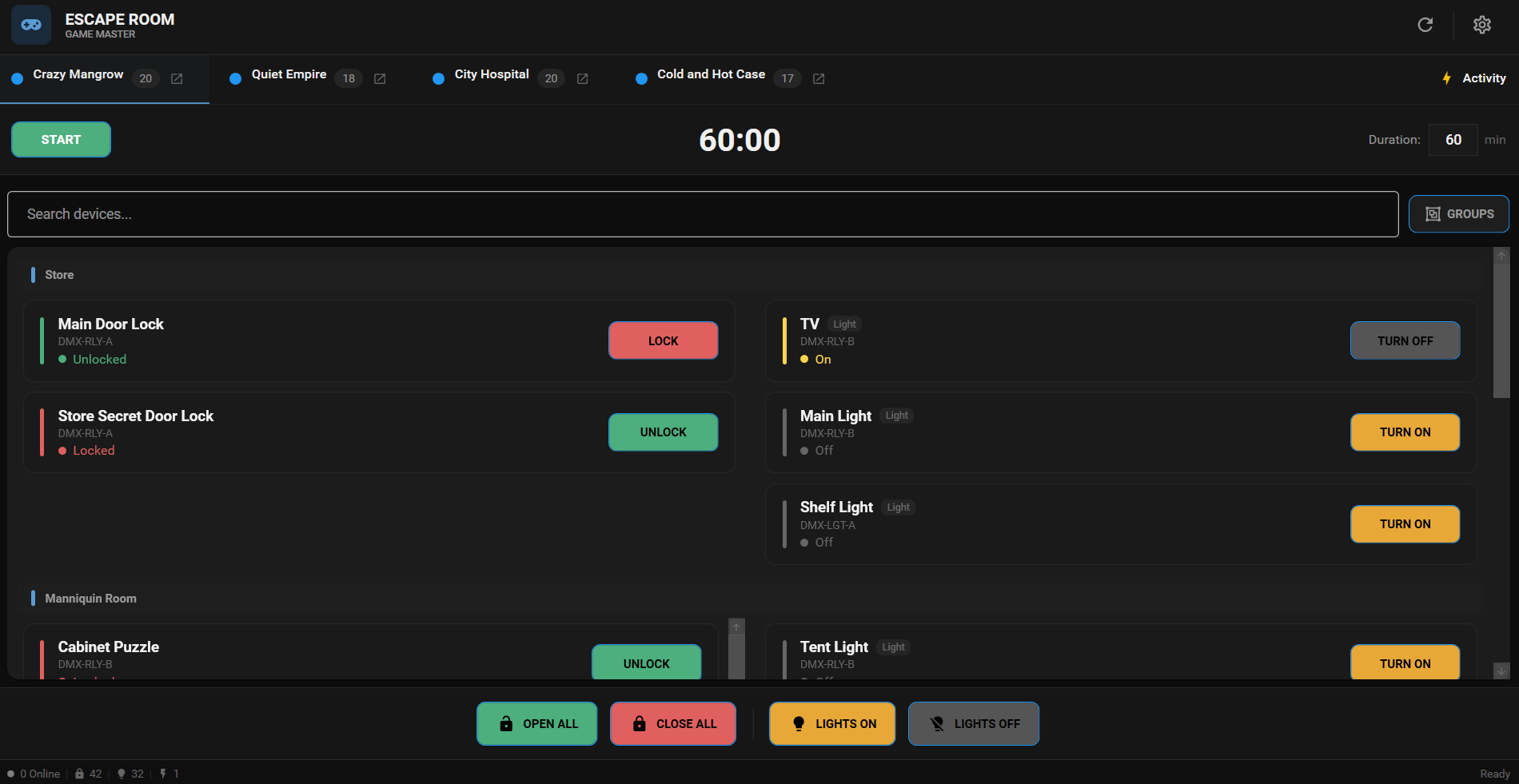 Escape Room Game Master dashboard showing grouped device control, timer, and bulk actions