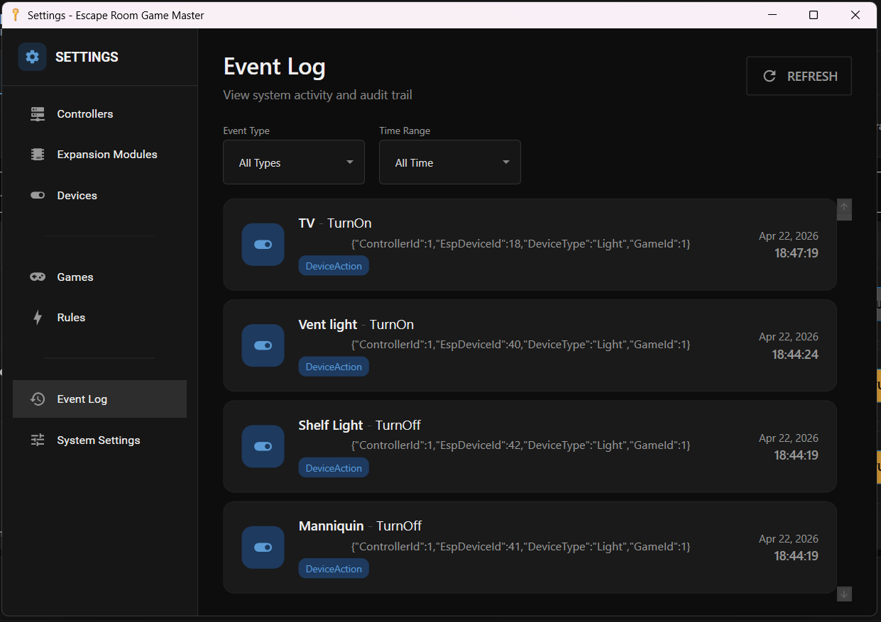 Event log showing time-stamped device actions and system audit trail
