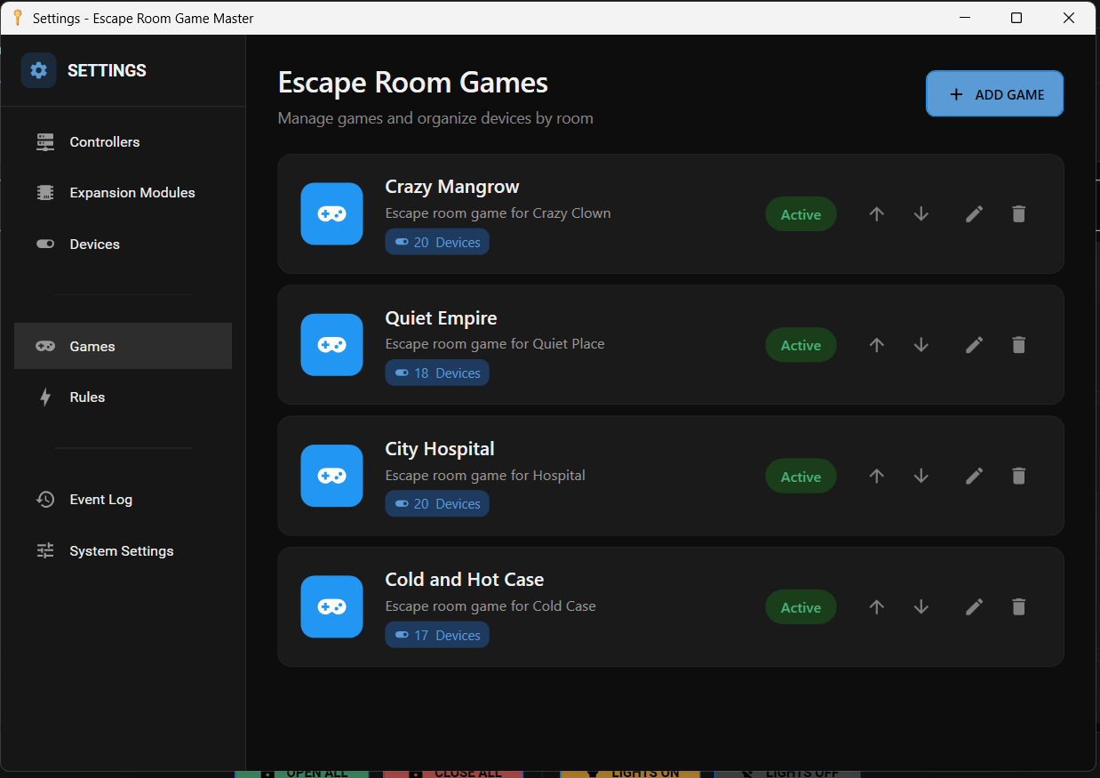 Escape Room Games settings page with multiple games configured