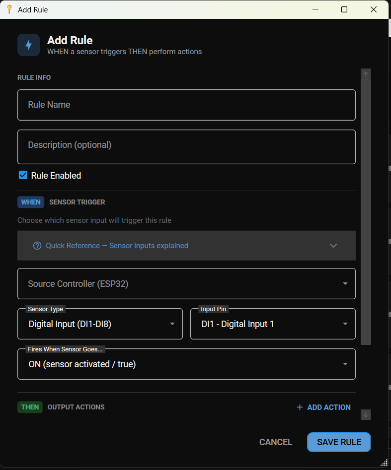 Add Rule dialog with WHEN sensor trigger and THEN output actions configuration