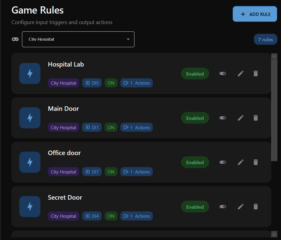 Game rules list showing multiple WHEN/THEN automation rules for an escape room