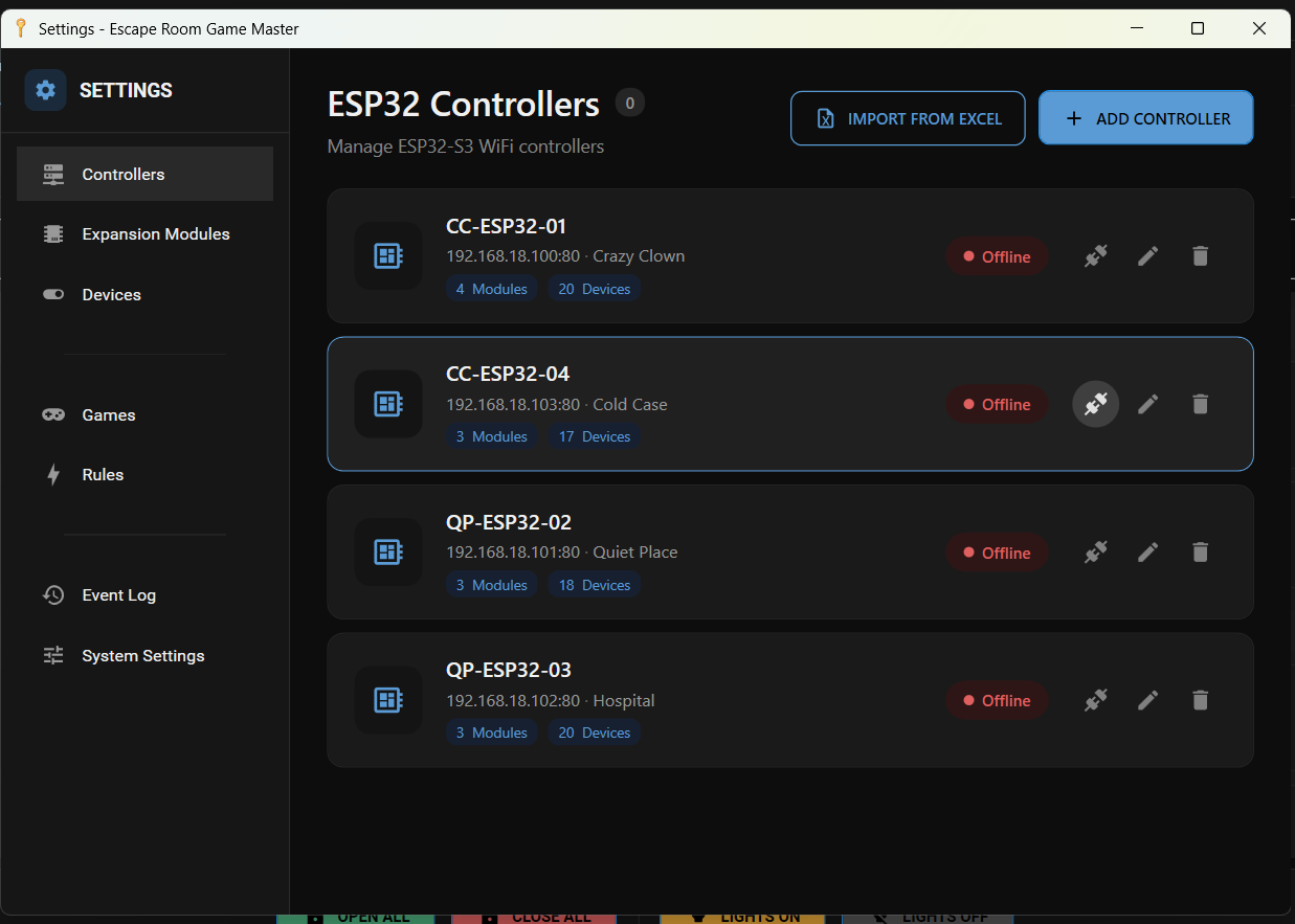 ESP32 Controllers settings page showing multiple networked controllers