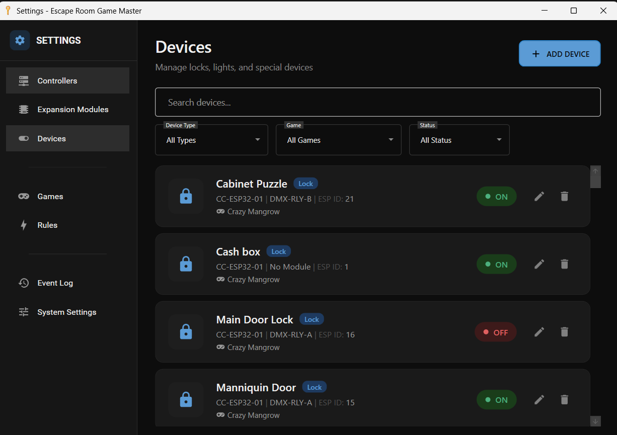 Devices settings page with filterable list of all locks and lights