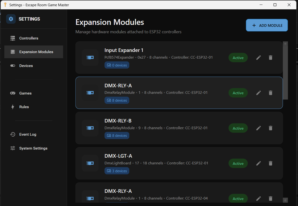 Expansion Modules settings showing DMX relay and light boards